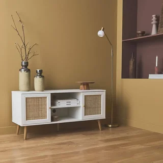Mobile TV legno rattan 2 ante 120 cm stile scandinavo vintage boho