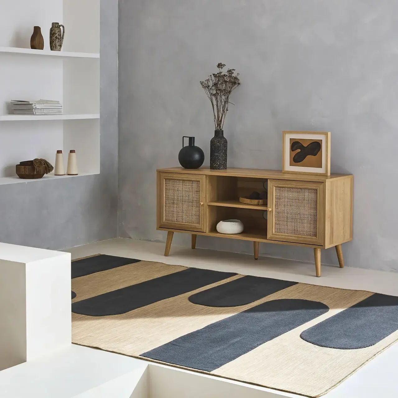 Mueble TV madera ratán 2 puertas estilo escandinavo vintage 120 cm