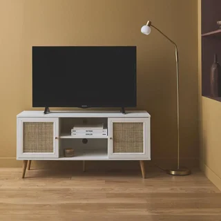Mobile TV legno rattan 2 ante 120 cm stile scandinavo vintage boho
