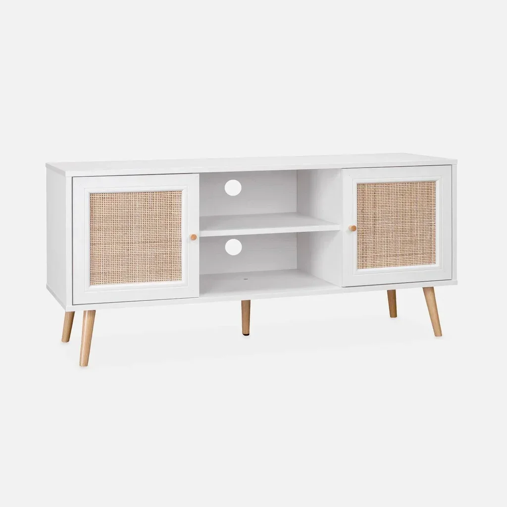 Mobile TV legno rattan 2 ante 120 cm stile scandinavo vintage boho