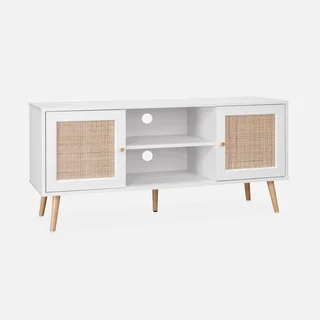 Mobile TV legno rattan 2 ante 120 cm stile scandinavo vintage boho