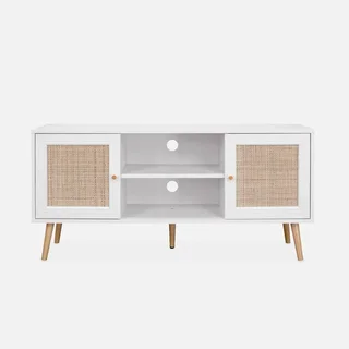 Mobile TV legno rattan 2 ante 120 cm stile scandinavo vintage boho