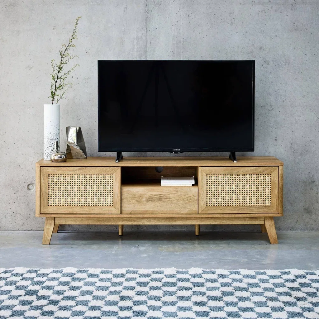 Mueble TV Madera Ratán Caña 2 Puertas Correderas 150 cm - Colección Mani Vintage Boho