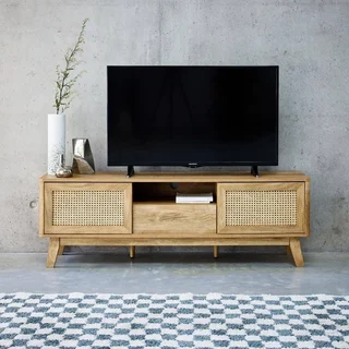 Wooden TV Stand Rattan Cane 2 Sliding Doors 150 cm - Mani Collection Vintage Boho