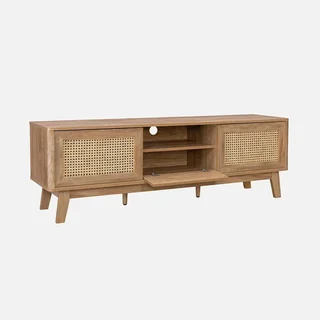 Wooden TV Stand Rattan Cane 2 Sliding Doors 150 cm - Mani Collection Vintage Boho