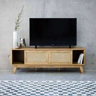 Wooden TV Stand Rattan Cane 2 Sliding Doors 150 cm - Mani Collection Vintage Boho