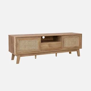 Wooden TV Stand Rattan Cane 2 Sliding Doors 150 cm - Mani Collection Vintage Boho