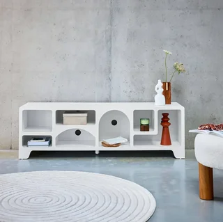 Meuble TV design naturel 160 cm bois blanc 7 rangements