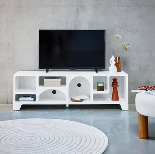 Meuble TV design naturel 160 cm bois blanc 7 rangements
