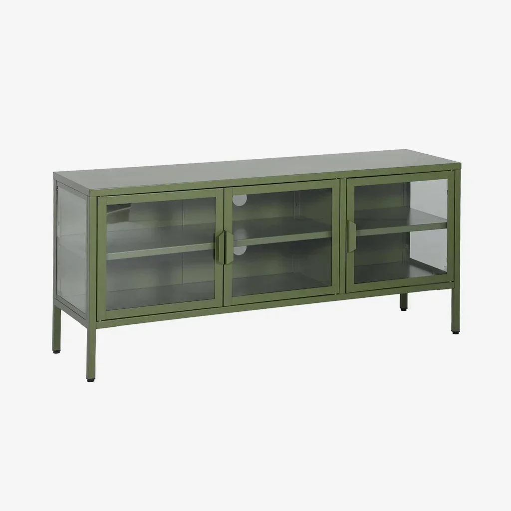 Meuble TV industriel 120 cm 3 portes verre trempé bleu