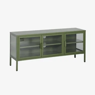 Meuble TV industriel 120 cm 3 portes verre trempé bleu