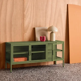 Meuble TV industriel 120 cm 3 portes verre trempé bleu