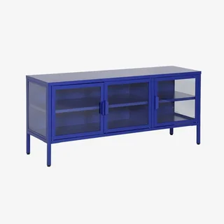 Meuble TV industriel métal verre trempé 3 portes 120 cm bleu Arkansas