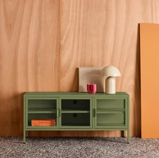 Meuble TV industriel 120 cm 3 portes verre trempé bleu