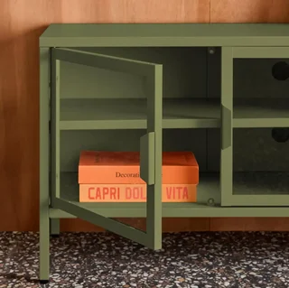 Meuble TV industriel 120 cm 3 portes verre trempé bleu
