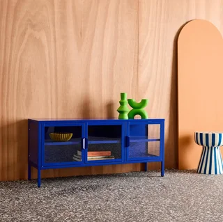 Meuble TV industriel métal verre trempé 3 portes 120 cm bleu Arkansas