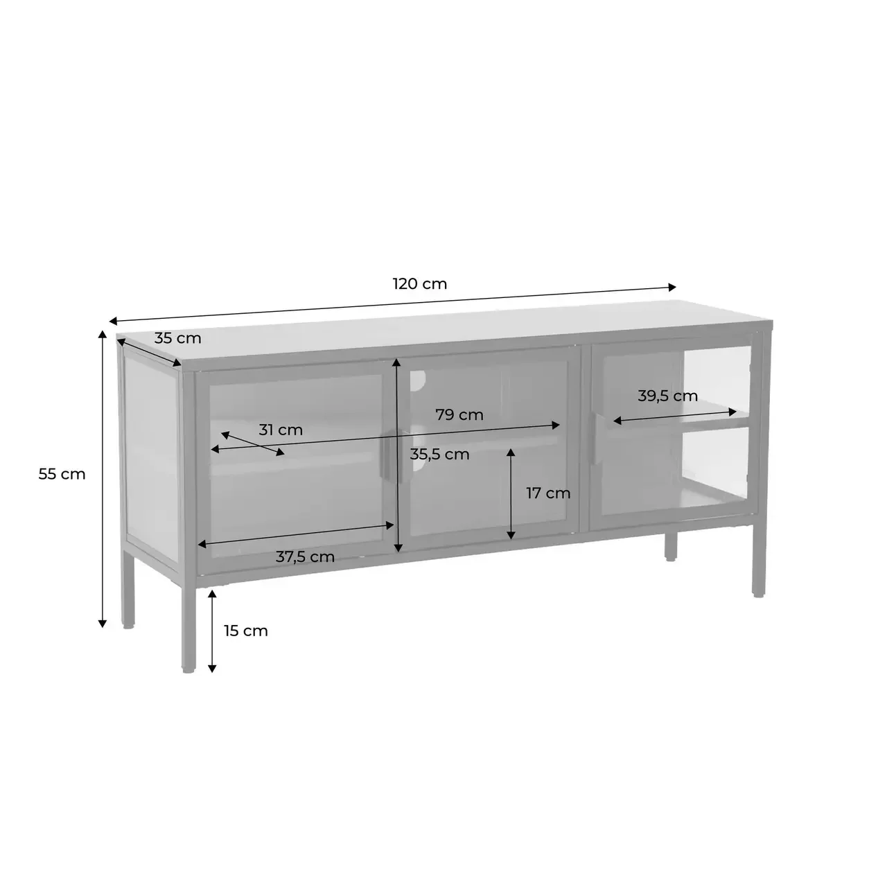 Meuble TV industriel métal verre trempé 120 cm 3 portes bleu