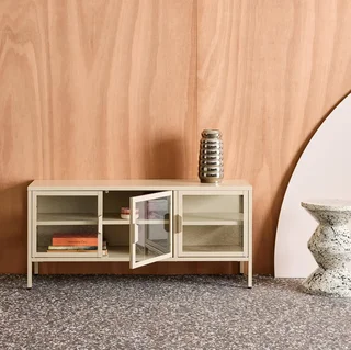 Meuble TV industriel métal verre trempé 120 cm 3 portes bleu