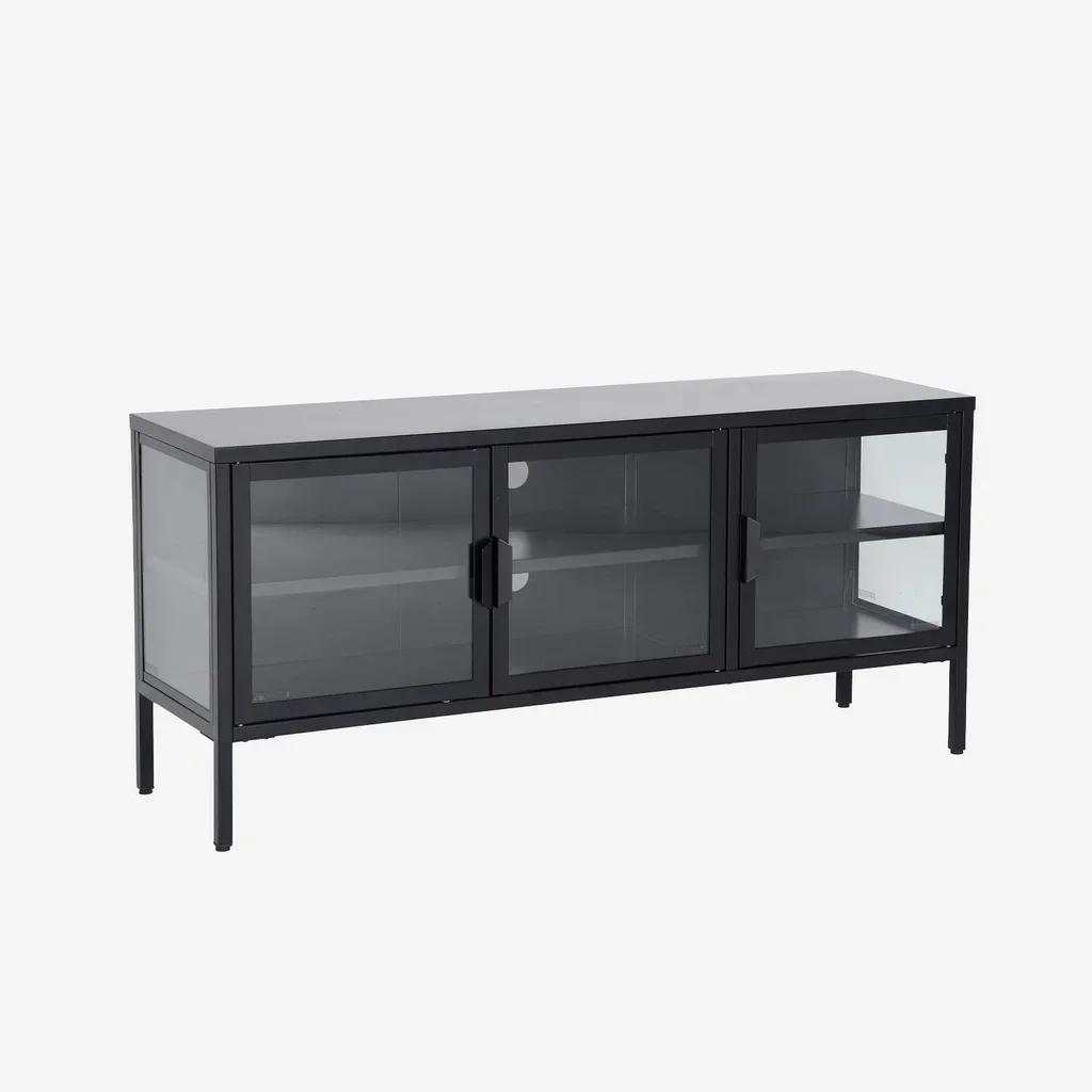 Meuble TV industriel métal verre trempé 120 cm 3 portes bleu Arkansas