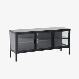 Meuble TV industriel métal verre trempé 120 cm 3 portes bleu Arkansas