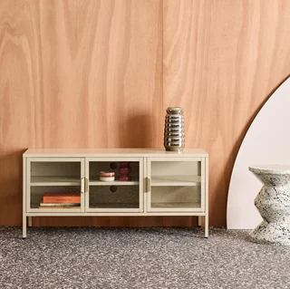 Meuble TV industriel métal verre trempé 120 cm 3 portes bleu