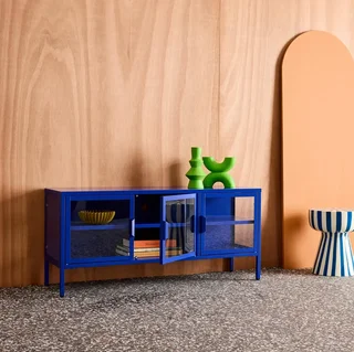 Meuble TV industriel métal verre trempé 3 portes 120 cm bleu Arkansas