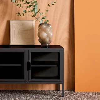 Meuble TV industriel métal verre trempé 120 cm 3 portes bleu Arkansas