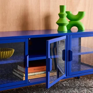 Meuble TV industriel métal verre trempé 3 portes 120 cm bleu Arkansas