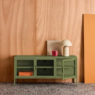 Meuble TV industriel 120 cm 3 portes verre trempé bleu