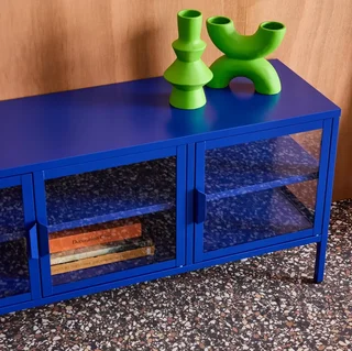 Meuble TV industriel métal verre trempé 3 portes 120 cm bleu Arkansas