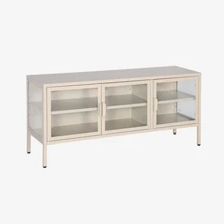 Meuble TV industriel métal verre trempé 120 cm 3 portes bleu
