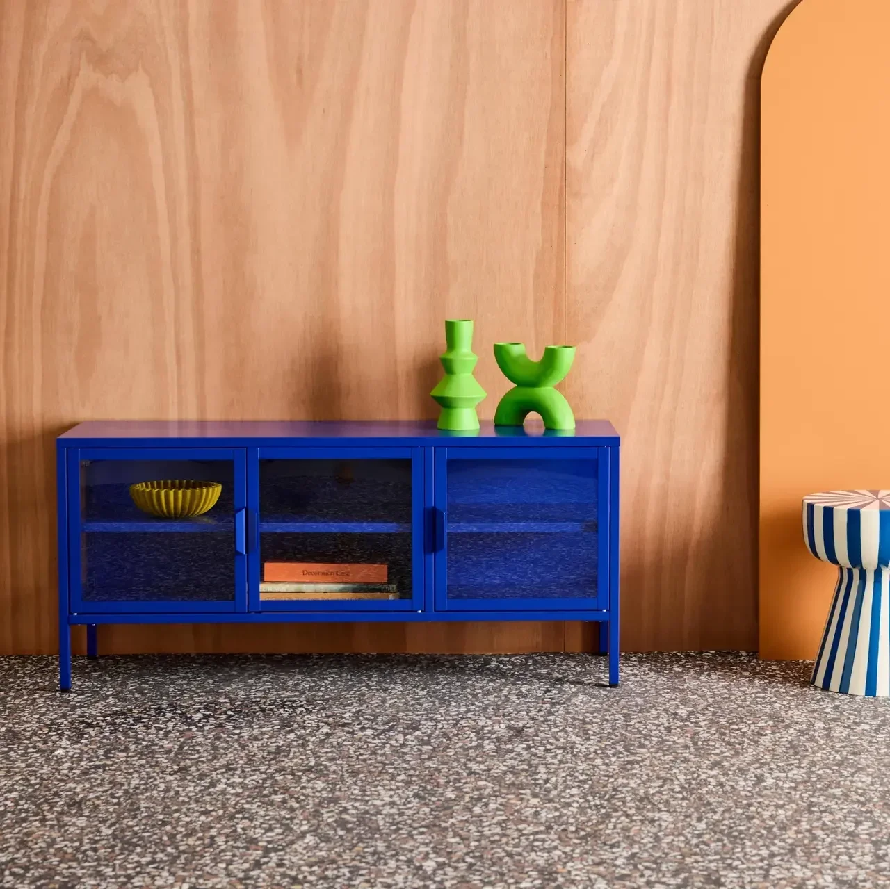 Mueble TV Industrial Metal Cristal Templado 3 Puertas 120 cm Azul Arkansas