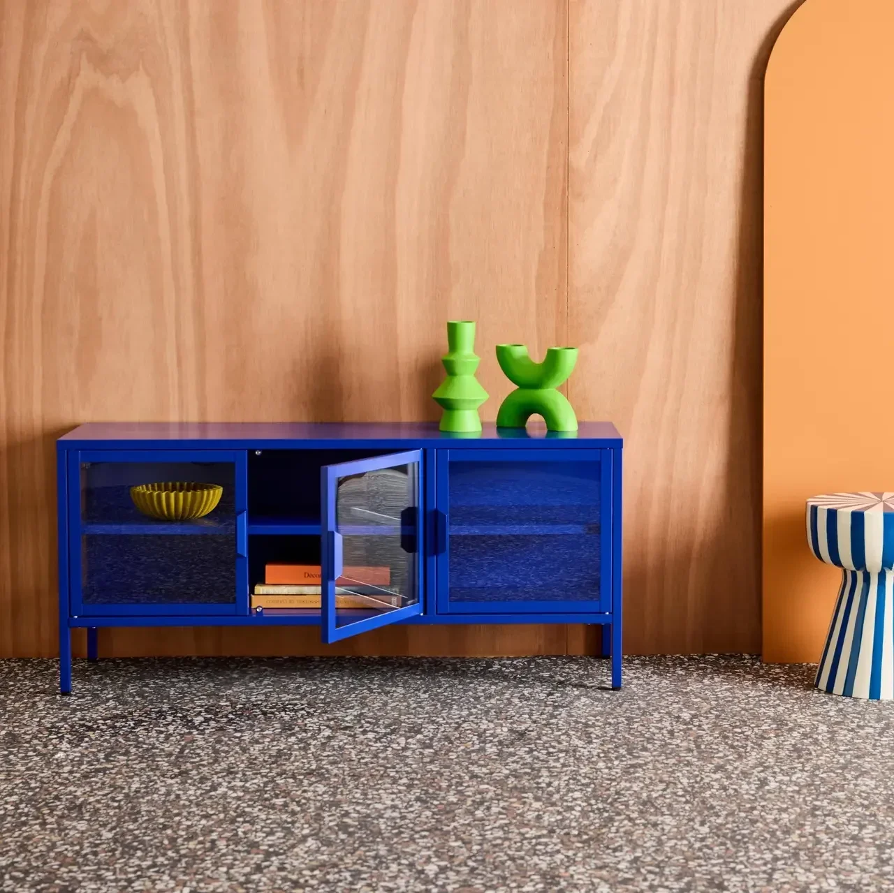 Mueble TV Industrial Metal Cristal Templado 3 Puertas 120 cm Azul Arkansas