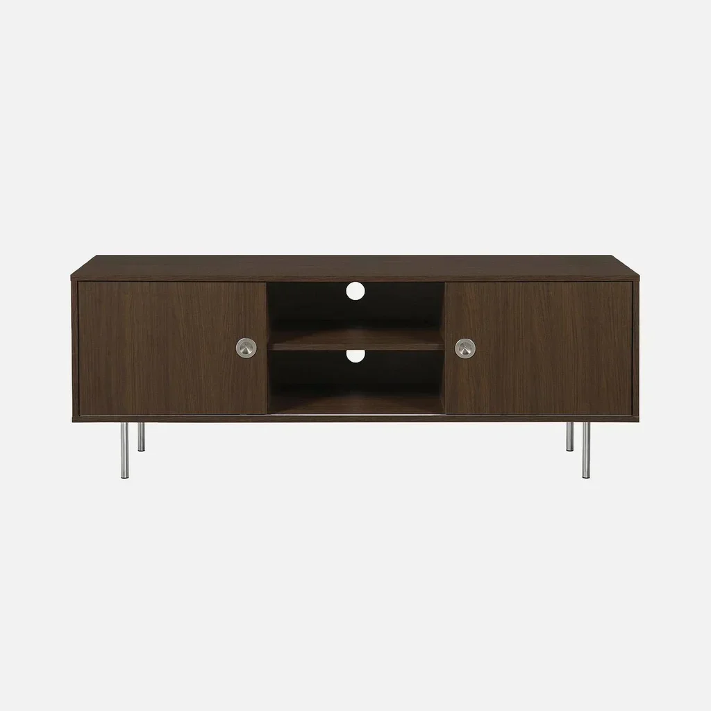 Retro solid wood TV stand 140 cm sliding doors brushed metal Shelby