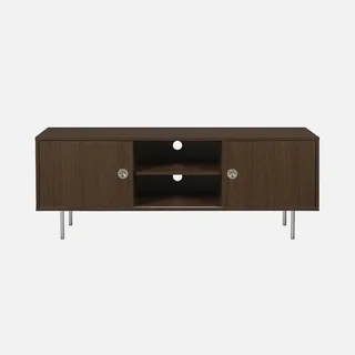 Retro solid wood TV stand 140 cm sliding doors brushed metal Shelby