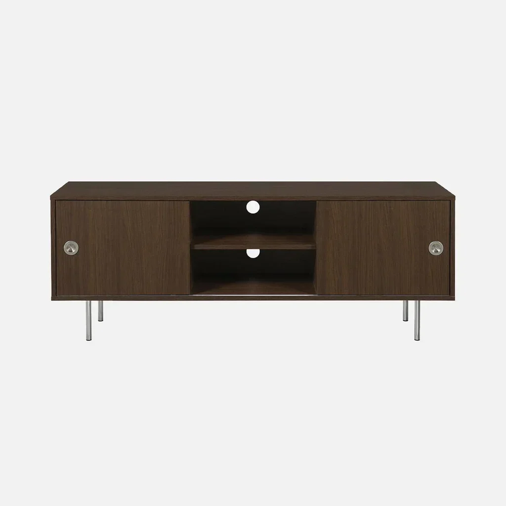 Retro solid wood TV stand 140 cm sliding doors brushed metal Shelby