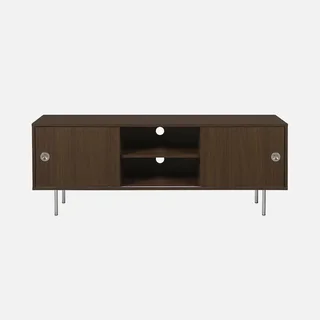 Retro solid wood TV stand 140 cm sliding doors brushed metal Shelby