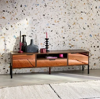 Retro walnut wood TV stand 2 doors 1 drawer 151.5 cm Glassy