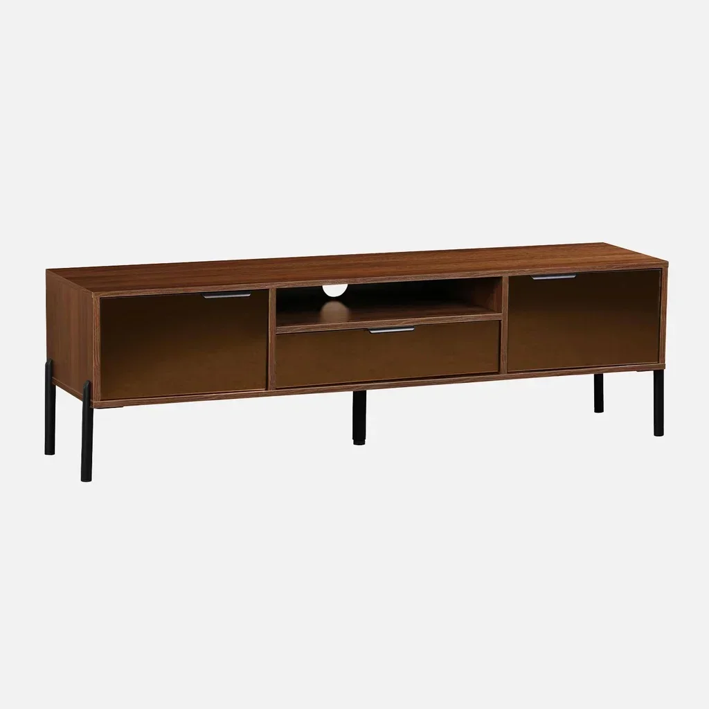 Retro walnut wood TV stand 2 doors 1 drawer 151.5 cm Glassy