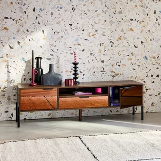 Retro walnut wood TV stand 2 doors 1 drawer 151.5 cm Glassy