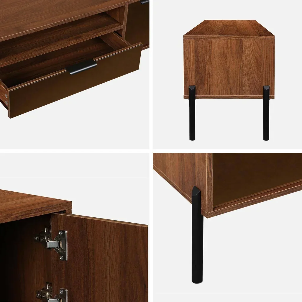 Retro walnut wood TV stand 2 doors 1 drawer 151.5 cm Glassy