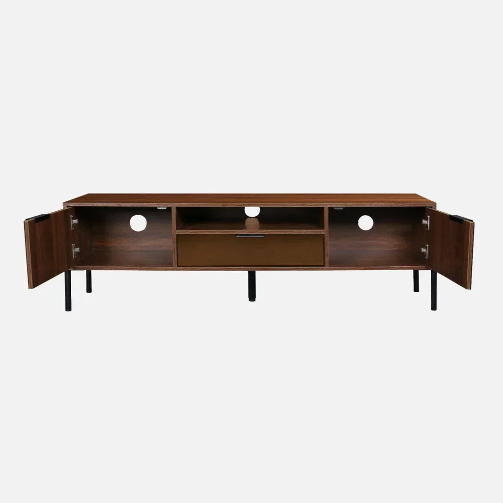 Retro walnut wood TV stand 2 doors 1 drawer 151.5 cm Glassy
