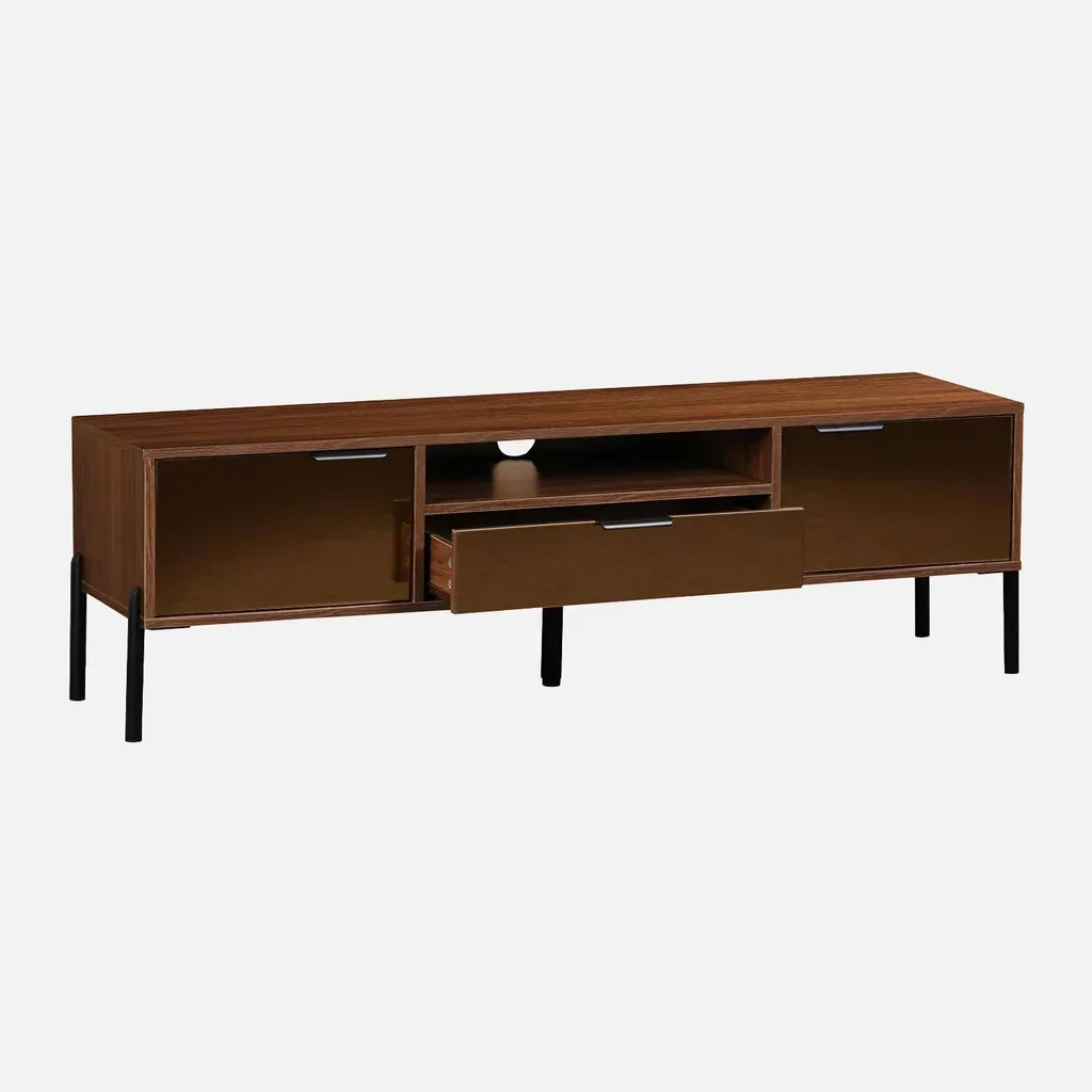 Retro walnut wood TV stand 2 doors 1 drawer 151.5 cm Glassy