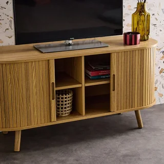 Mueble TV escandinavo madera rayada 120 cm puertas correderas Legacy