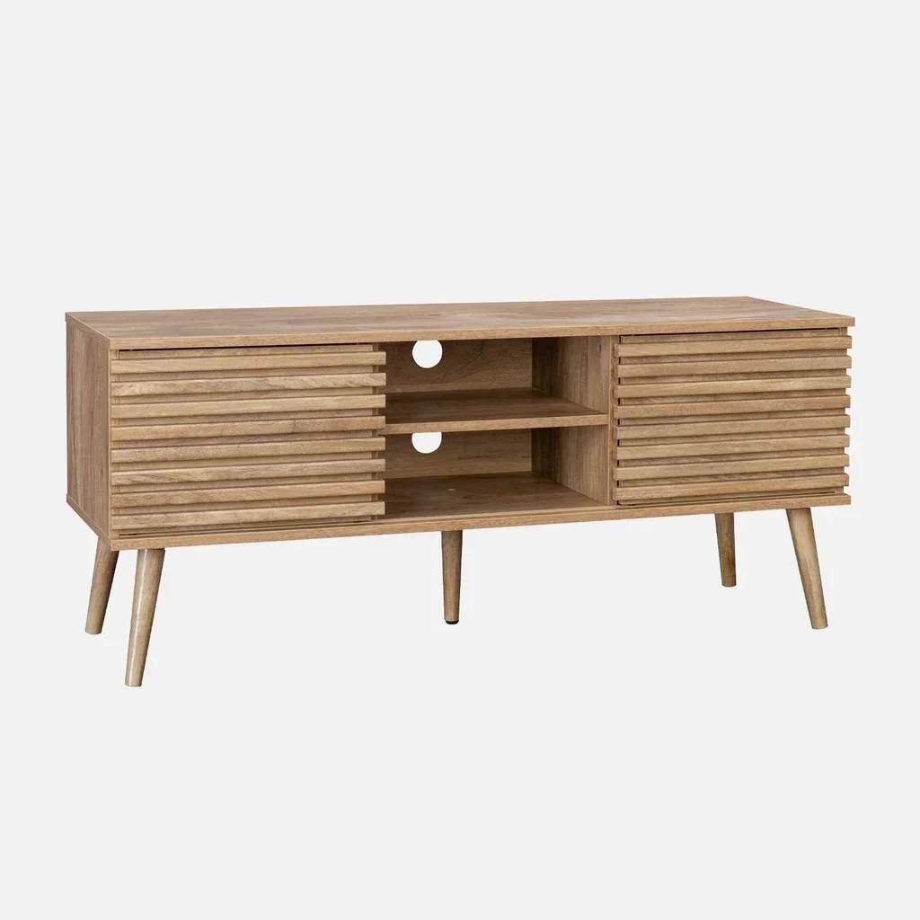 Mueble TV escandinavo madera rayada 120cm doble puerta corredera Madere