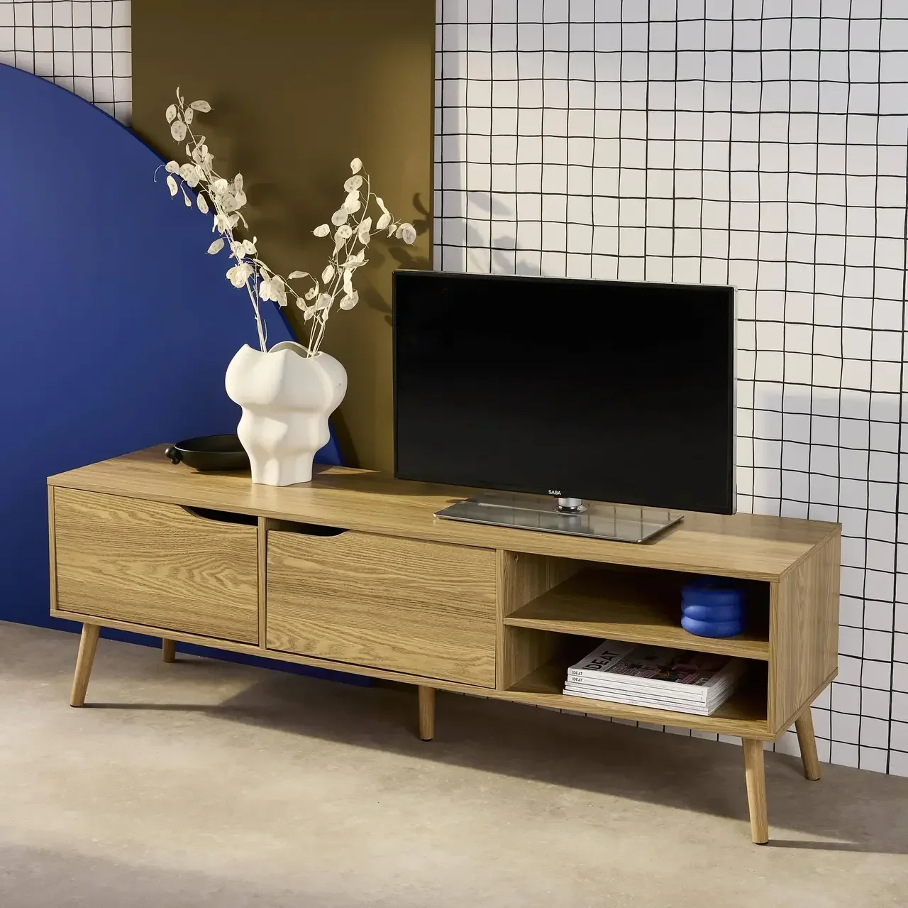 Vintage TV cabinet 2 doors 160 cm Nepal wood Scandinavian