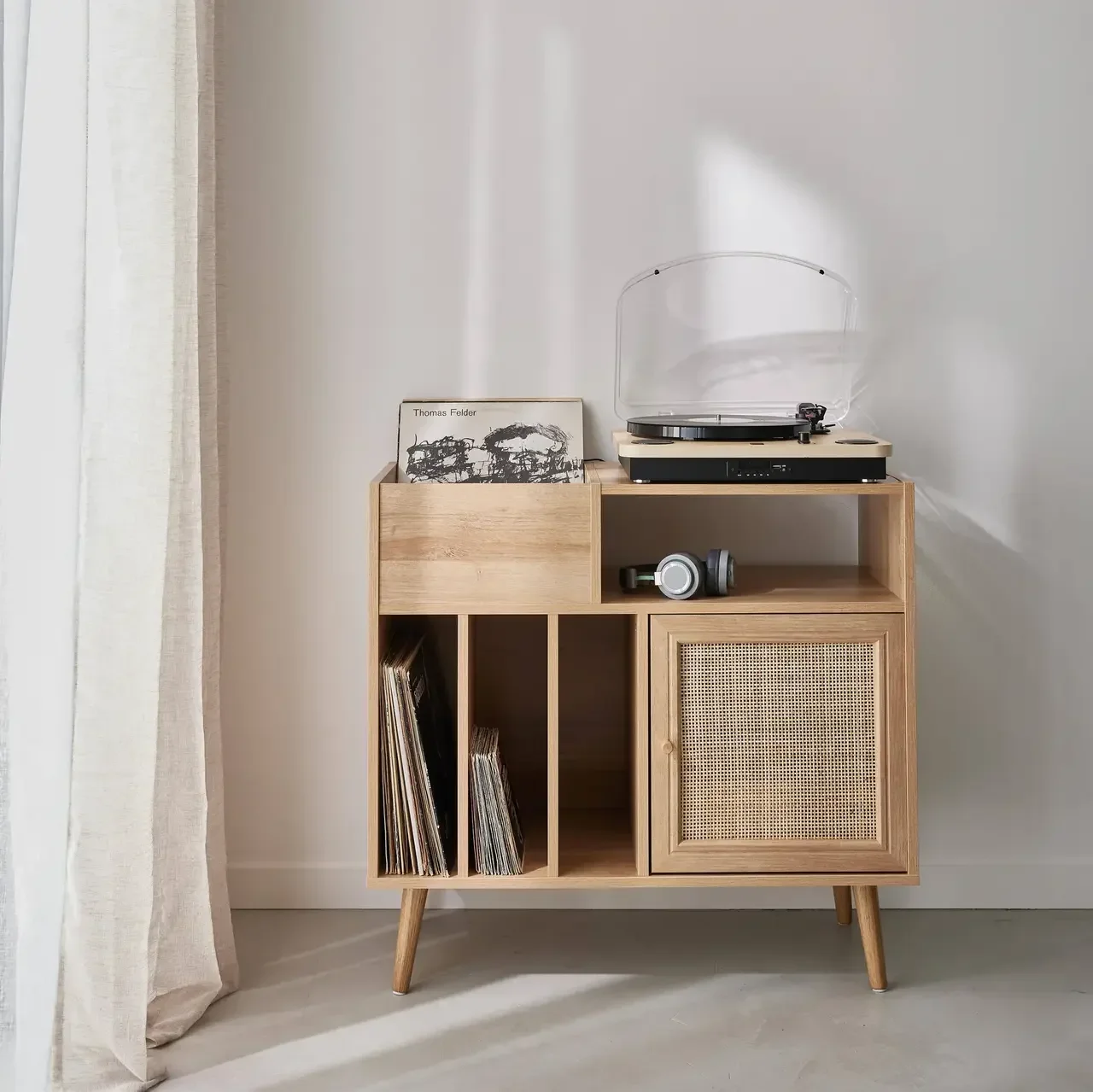 Meuble vinyle bois cannage 1 porte 83 cm vintage Bohème