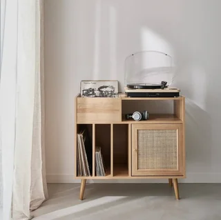 Meuble vinyle bois cannage 1 porte 83 cm vintage Bohème