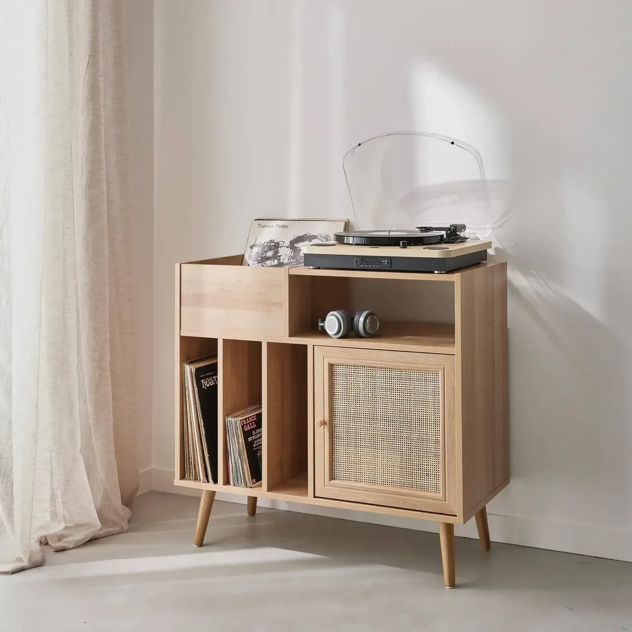 Meuble vinyle bois cannage 1 porte 83 cm vintage Bohème