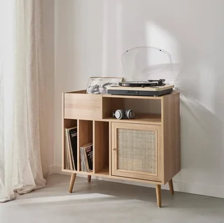 Meuble vinyle bois cannage 1 porte 83 cm vintage Bohème